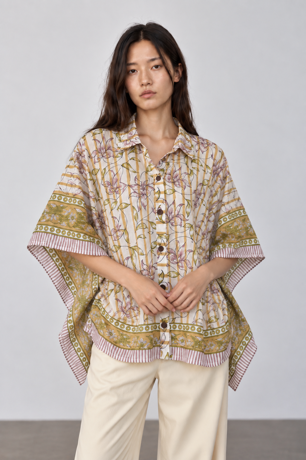 WHITE FLORAL HAND-BLOCKED KAFTAN SHIRT