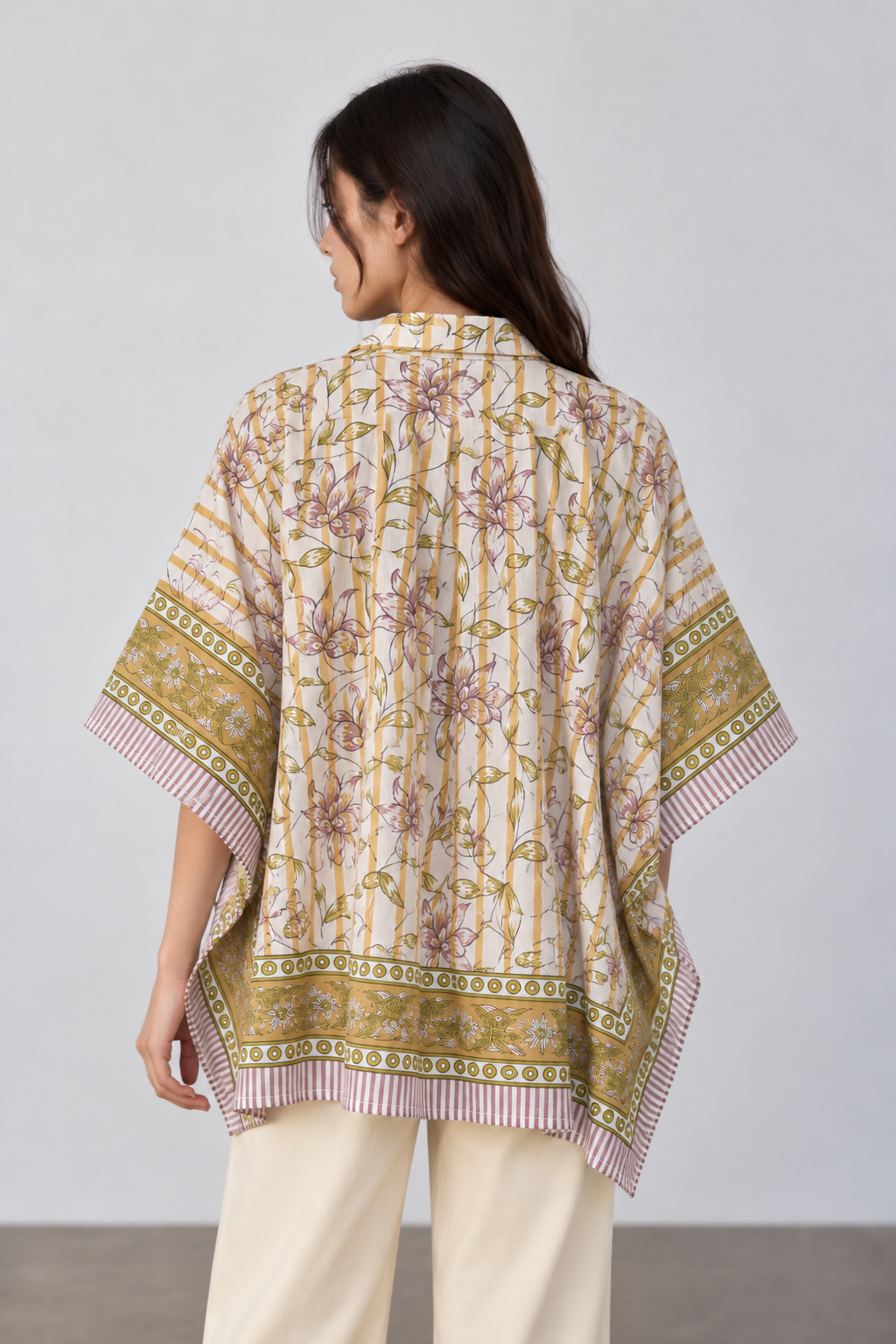 WHITE FLORAL HAND-BLOCKED KAFTAN SHIRT