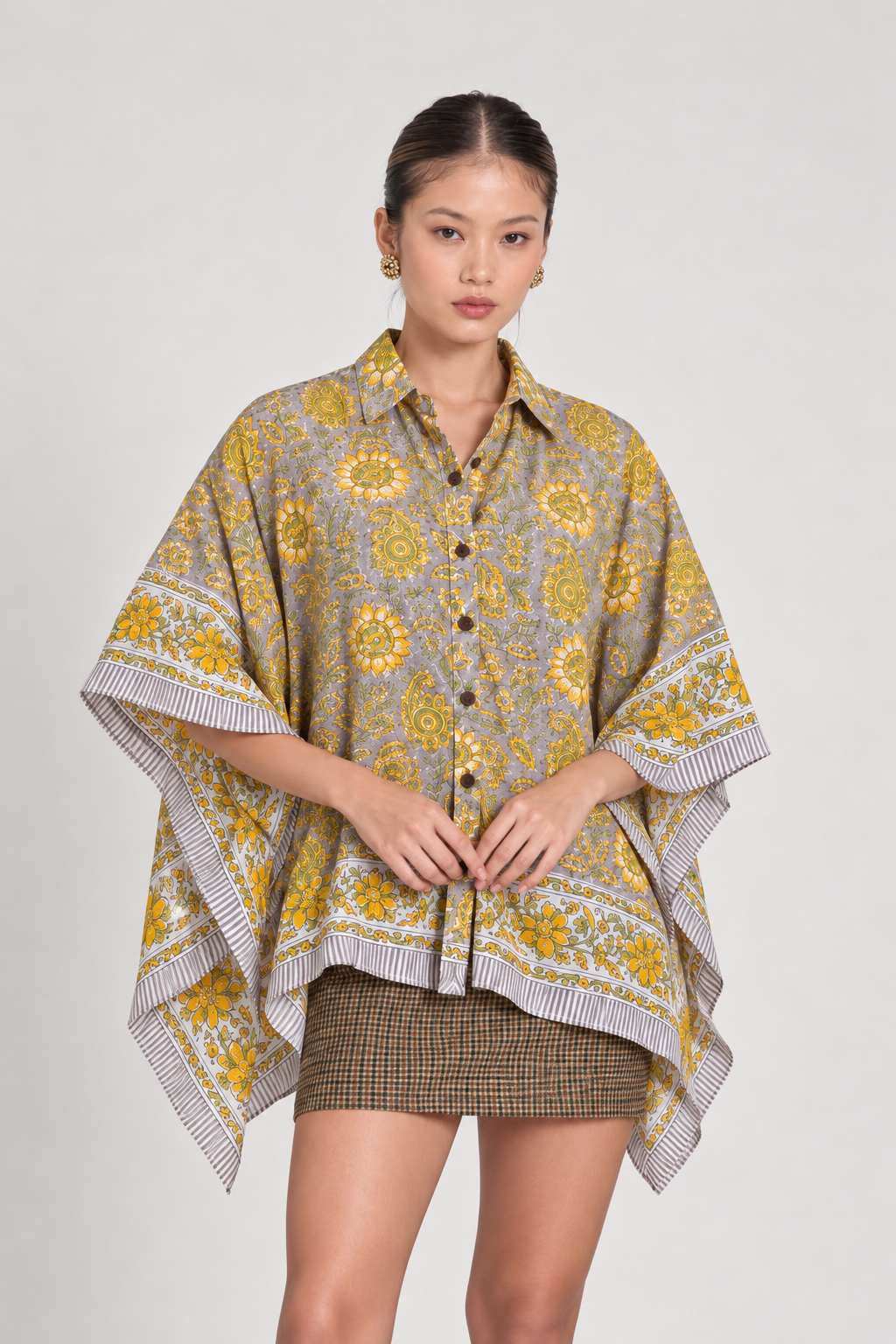 GREY FLORAL HAND-BLOCKED KAFTAN SHIRT