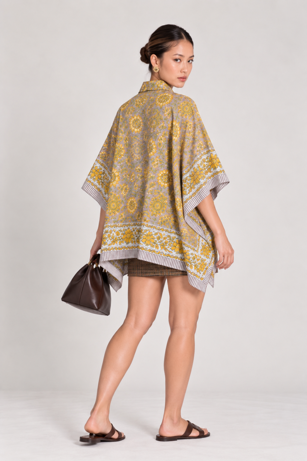 GREY FLORAL HAND-BLOCKED KAFTAN SHIRT