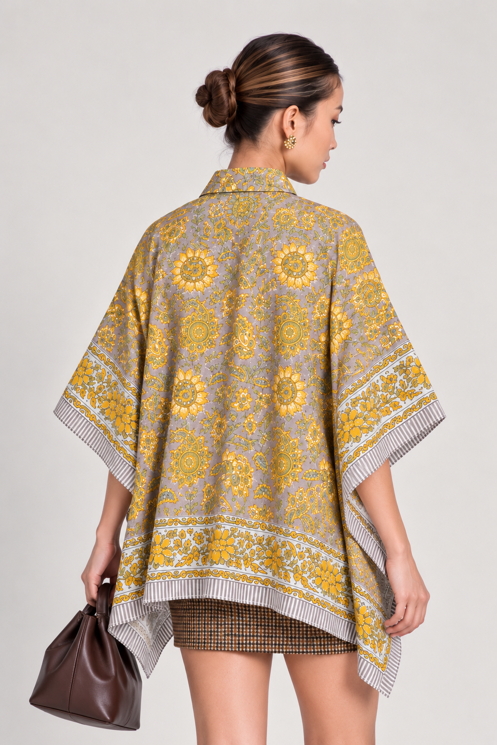 GREY FLORAL HAND-BLOCKED KAFTAN SHIRT
