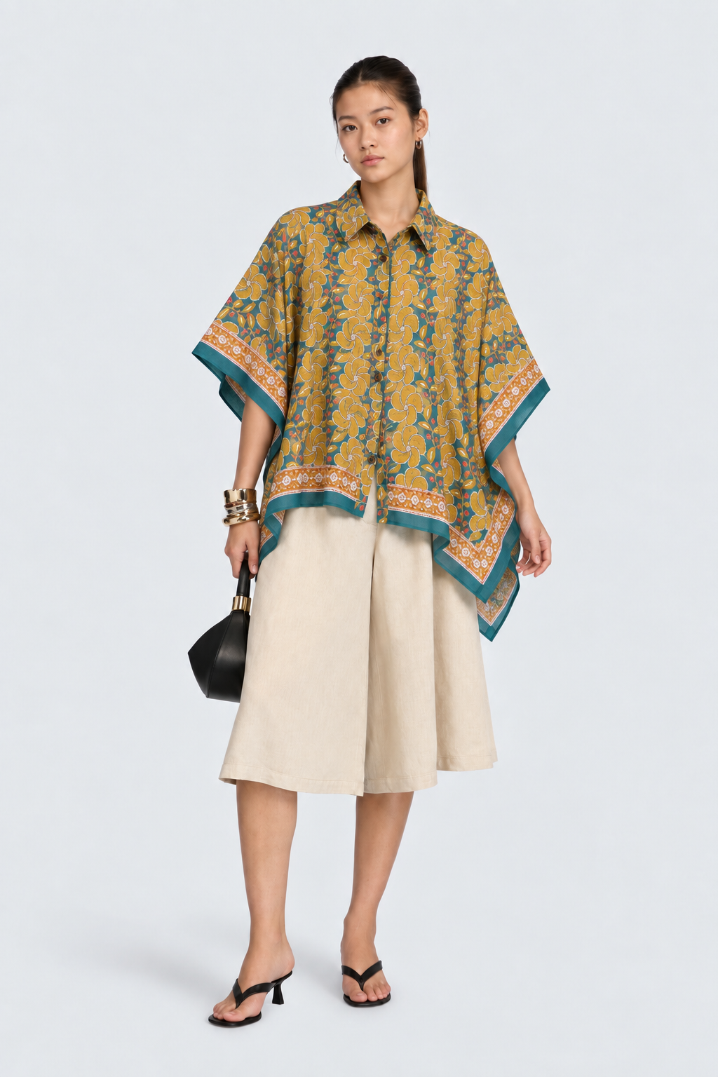 TEAL GREEN FLORAL HAND-BLOCKED KAFTAN SHIRT