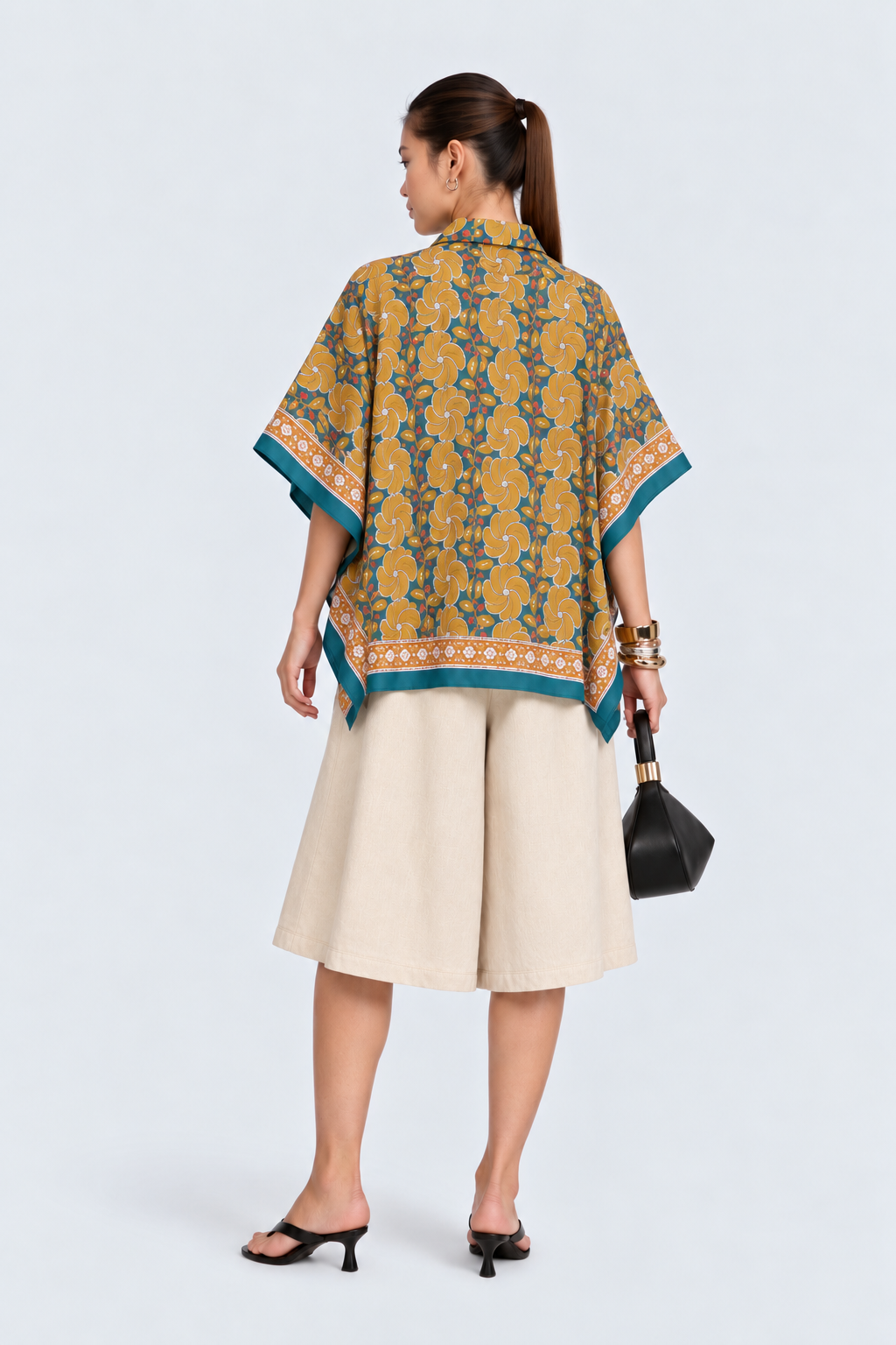 TEAL GREEN FLORAL HAND-BLOCKED KAFTAN SHIRT