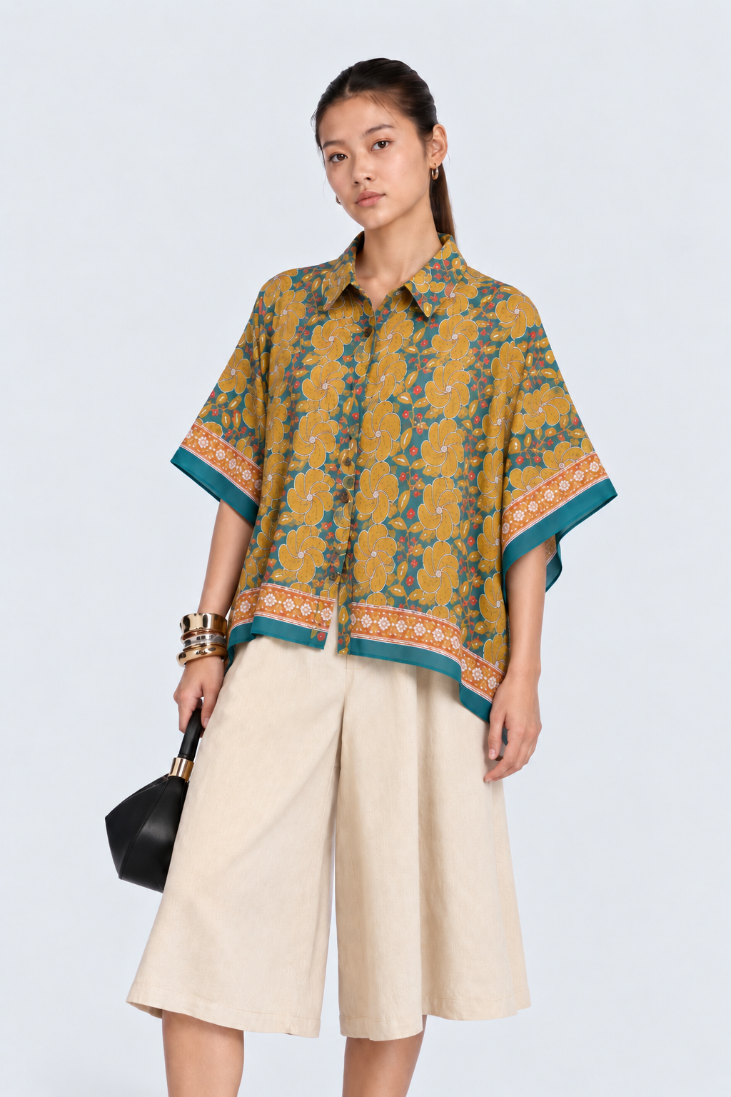 TEAL GREEN FLORAL HAND-BLOCKED KAFTAN SHIRT