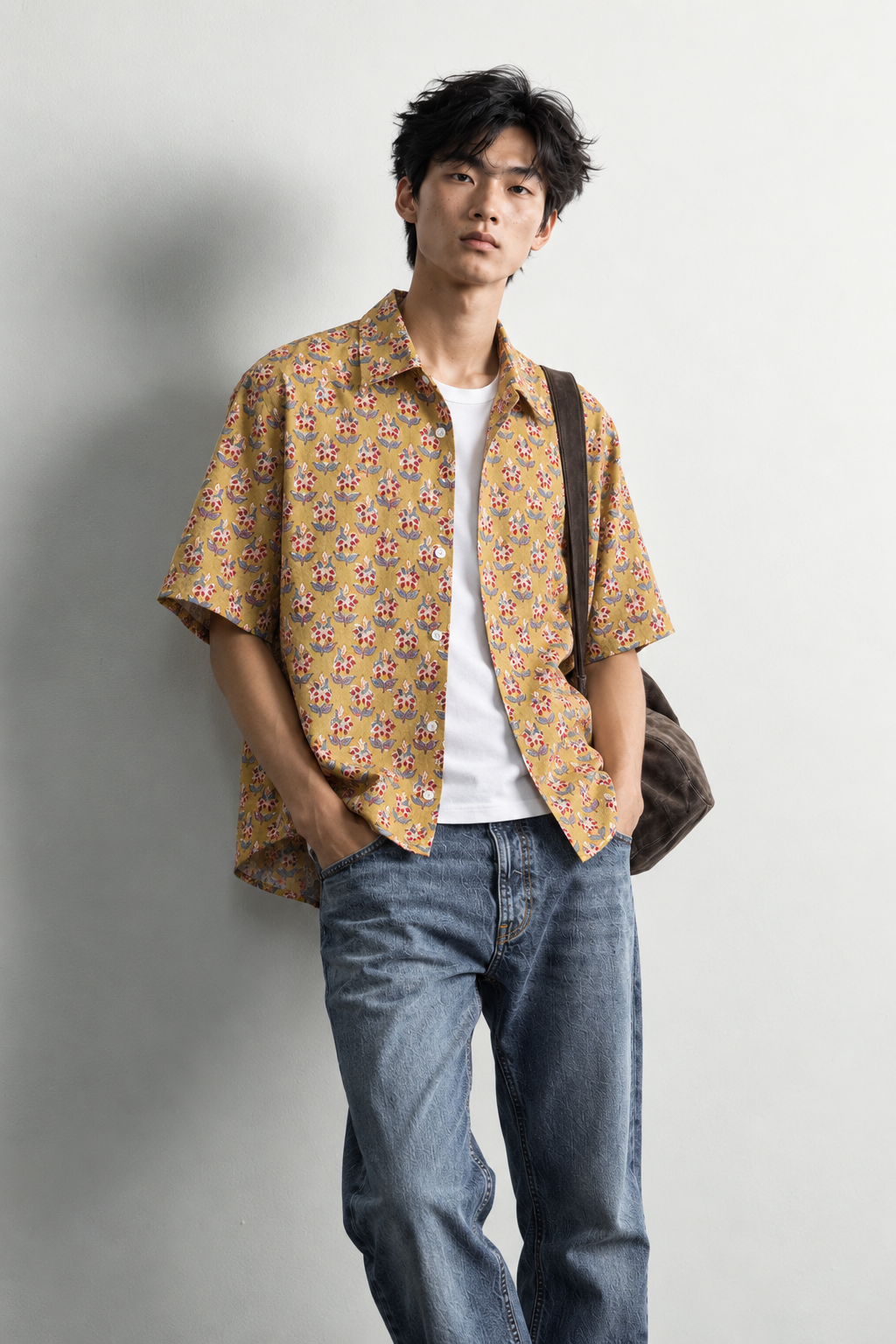 GREEN YELLOW FLORAL HAND-BLOCKED SHIRT
