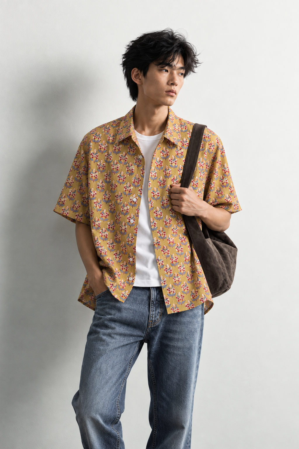 GREEN YELLOW FLORAL HAND-BLOCKED SHIRT