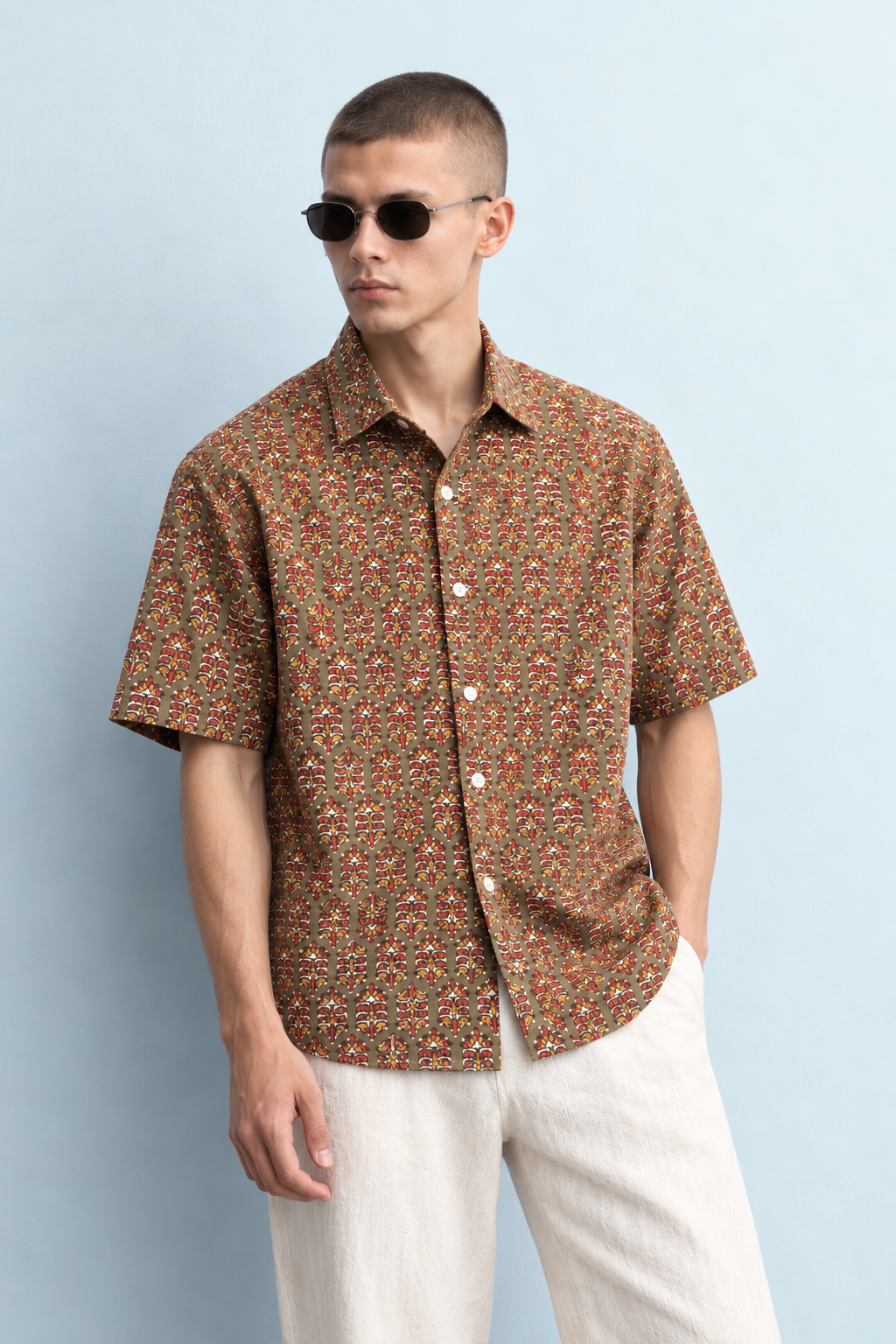 OLIVE GREEN HAND-BLOCKED FOLK PRINT SHIRT