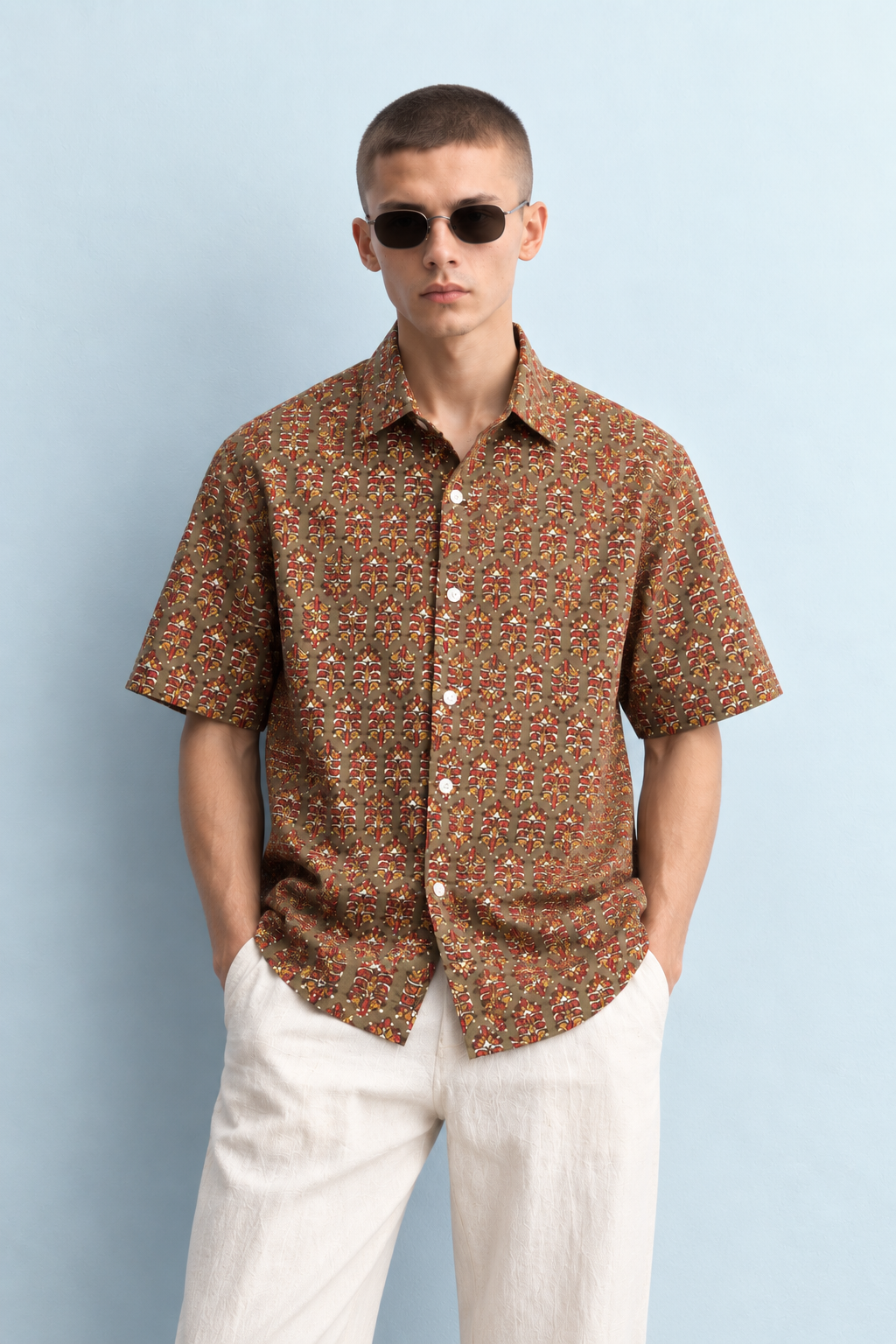 OLIVE GREEN HAND-BLOCKED FOLK PRINT SHIRT
