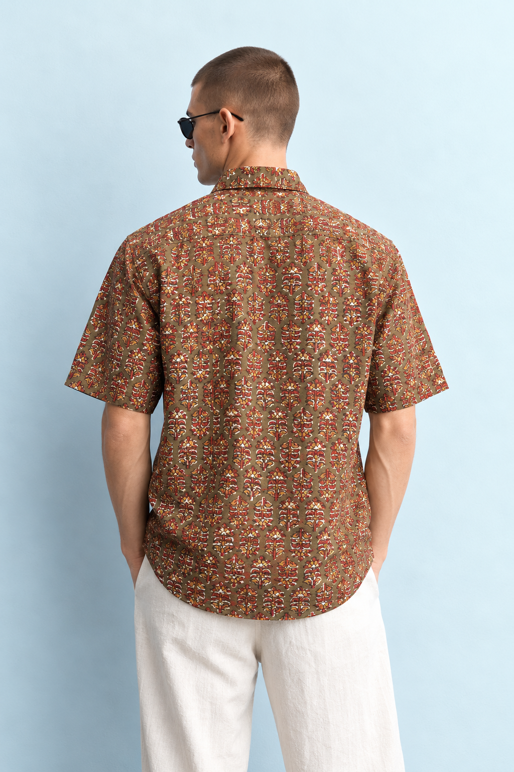 OLIVE GREEN HAND-BLOCKED FOLK PRINT SHIRT