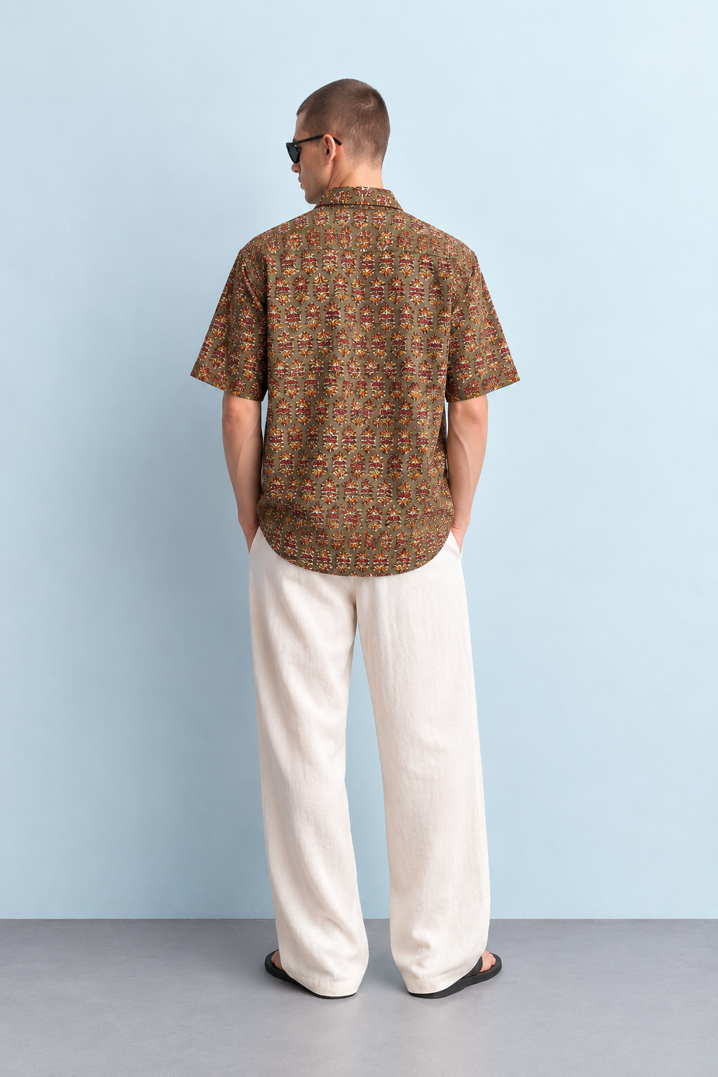 OLIVE GREEN HAND-BLOCKED FOLK PRINT SHIRT