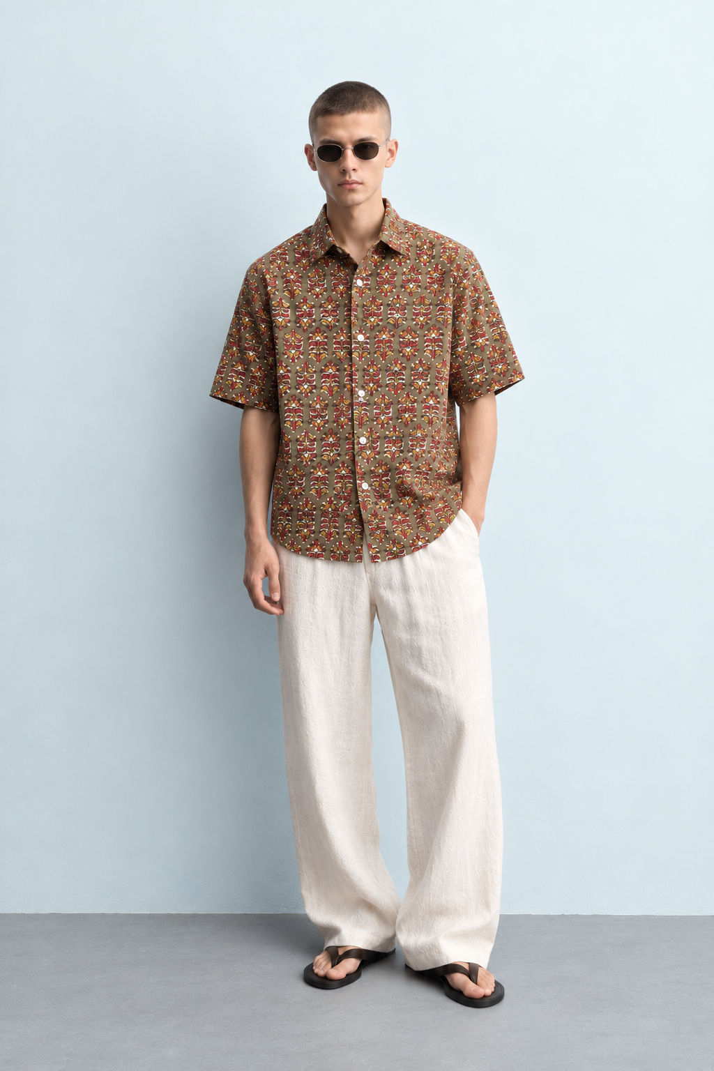 OLIVE GREEN HAND-BLOCKED FOLK PRINT SHIRT