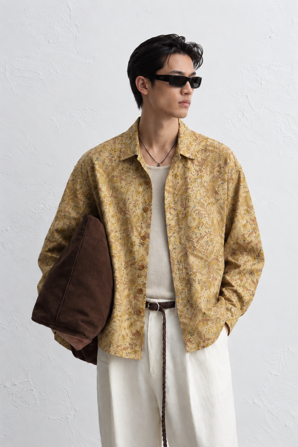 BEIGE FLORAL HAND-BLOCKED SHIRT