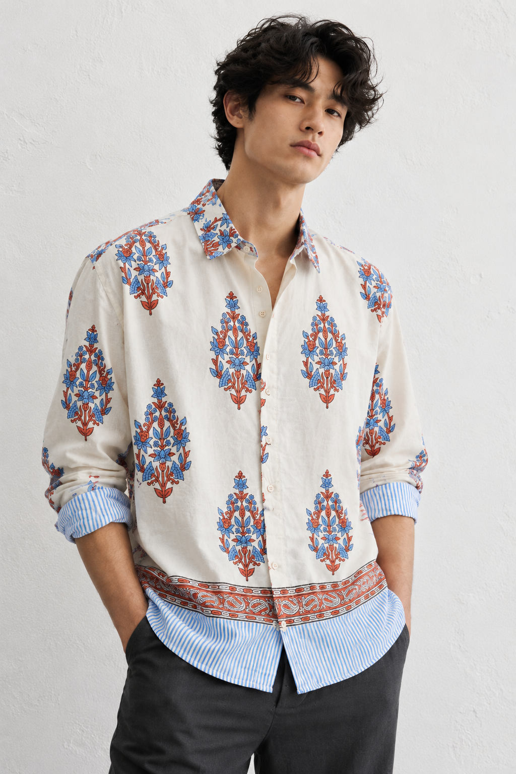 WHITE FLORAL HAND-BLOCKED SHIRT