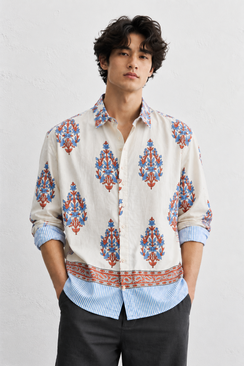 WHITE FLORAL HAND-BLOCKED SHIRT