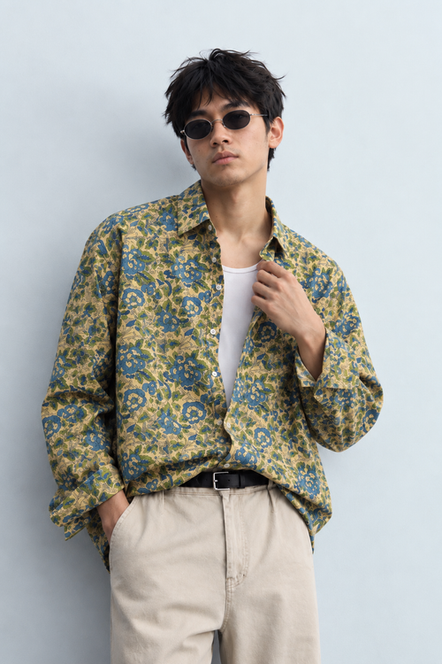 BEIGE FLORAL HAND-BLOCKED SHIRT