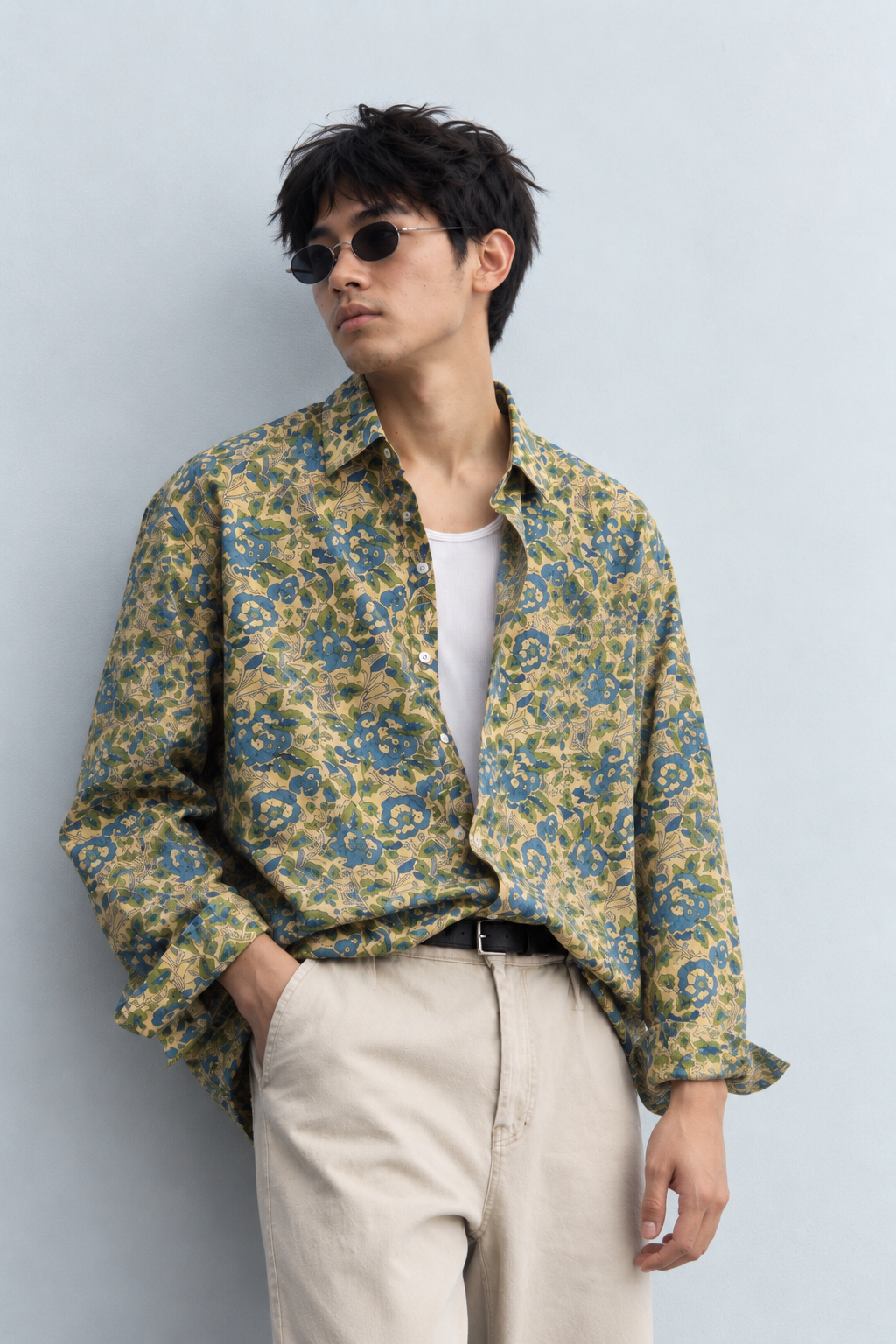 BEIGE FLORAL HAND-BLOCKED SHIRT