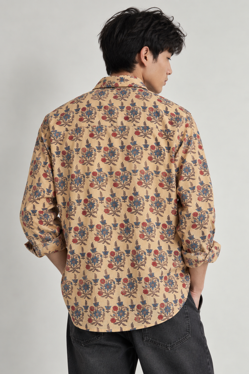 BEIGE FLORAL HAND-BLOCKED SHIRT