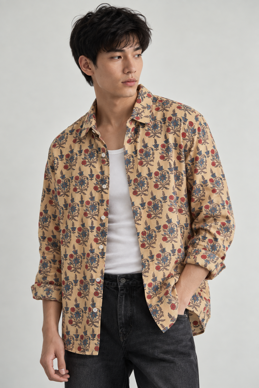 BEIGE FLORAL HAND-BLOCKED SHIRT