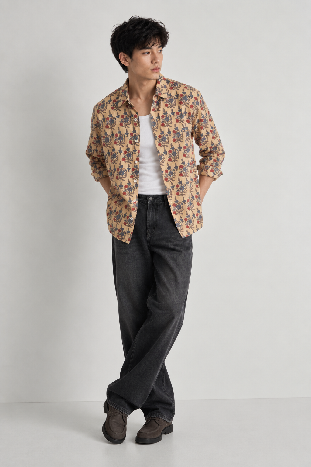 BEIGE FLORAL HAND-BLOCKED SHIRT