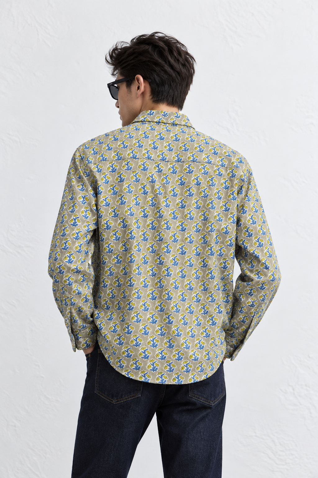 STONE GREY FLORAL HAND-BLOCKED SHIRT
