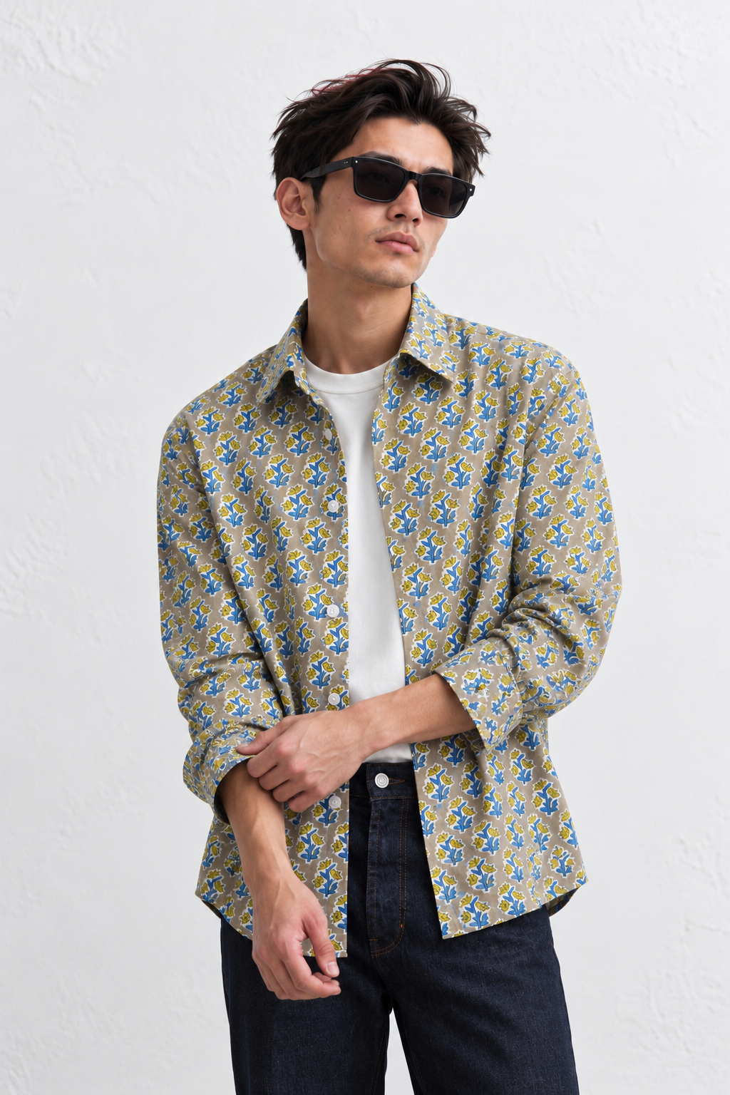 STONE GREY FLORAL HAND-BLOCKED SHIRT
