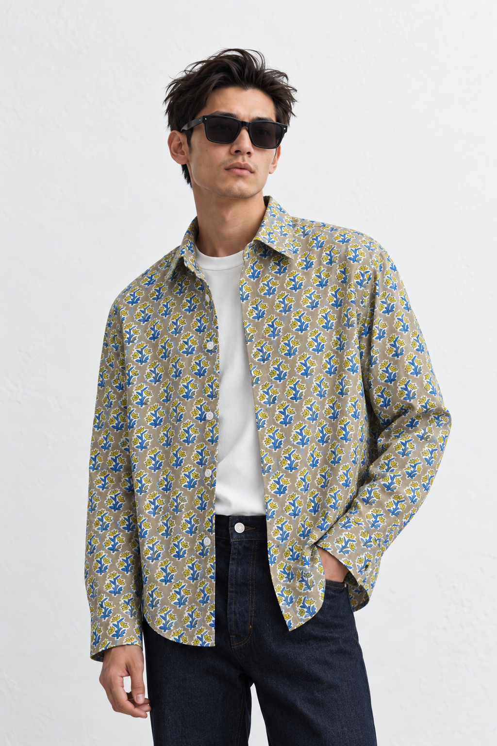 STONE GREY FLORAL HAND-BLOCKED SHIRT