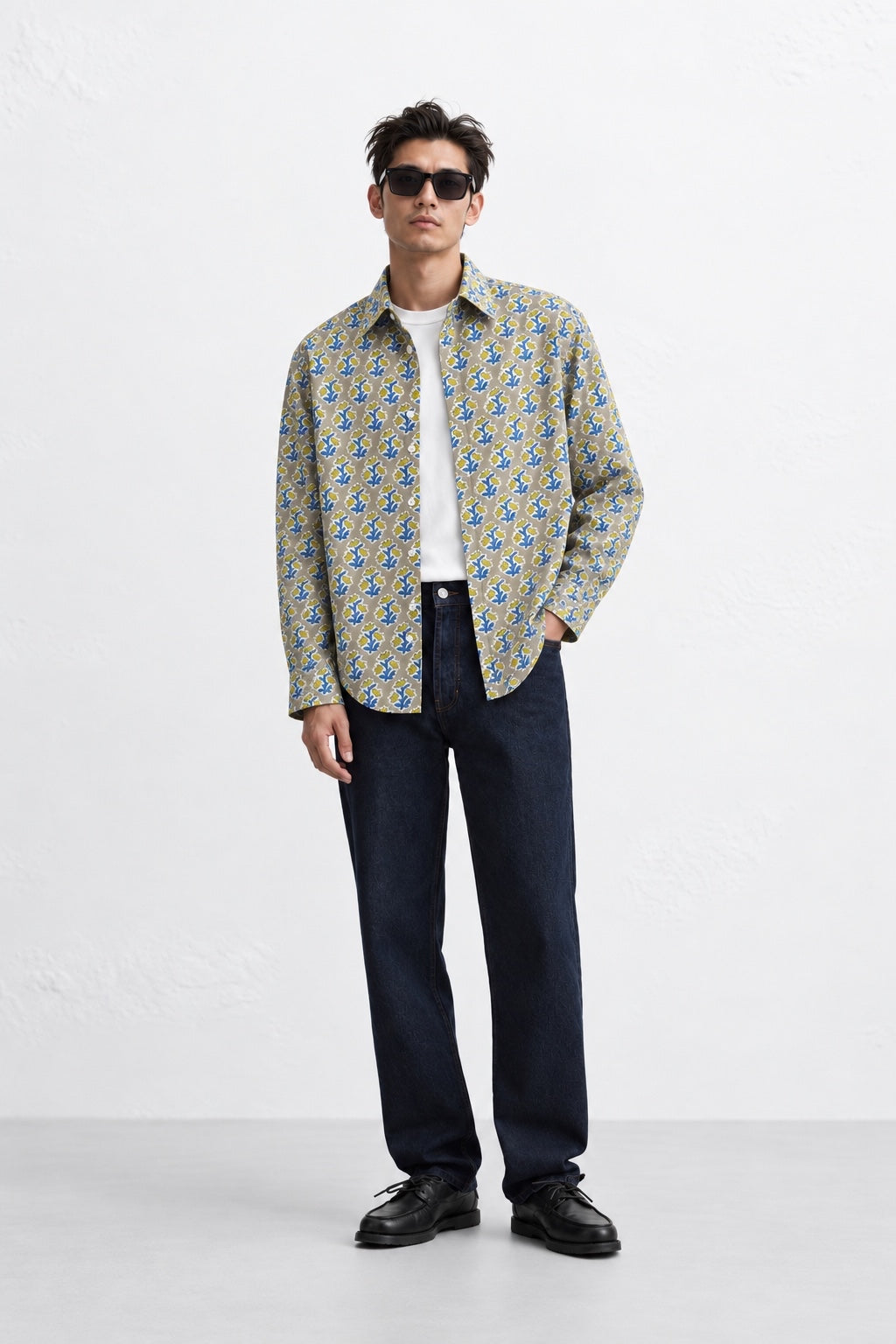 STONE GREY FLORAL HAND-BLOCKED SHIRT