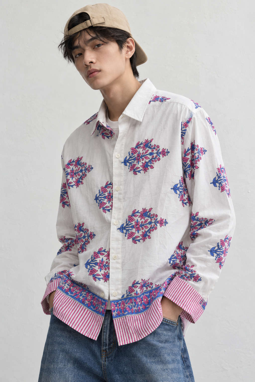 WHITE FLORAL HAND-BLOCKED SHIRT