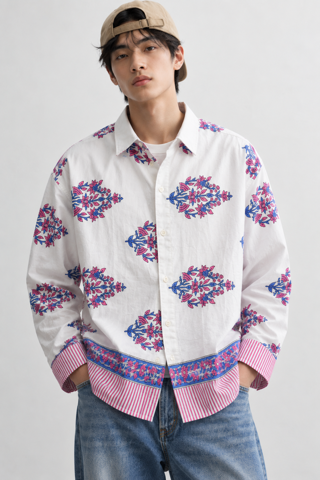 WHITE FLORAL HAND-BLOCKED SHIRT