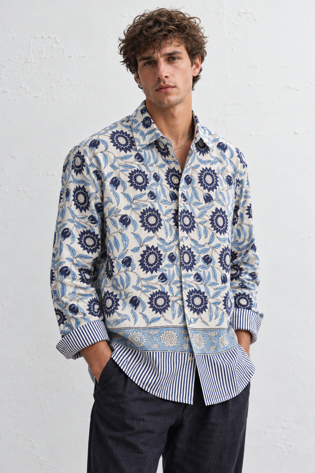 WHITE FLORAL HAND-BLOCKED SHIRT
