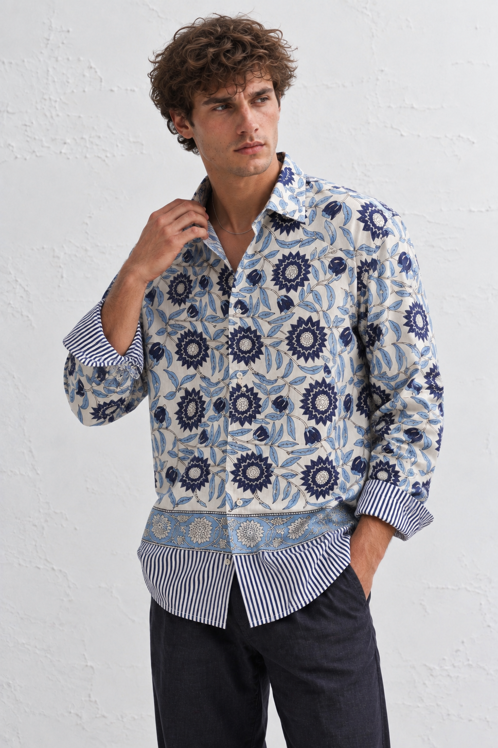 WHITE FLORAL HAND-BLOCKED SHIRT