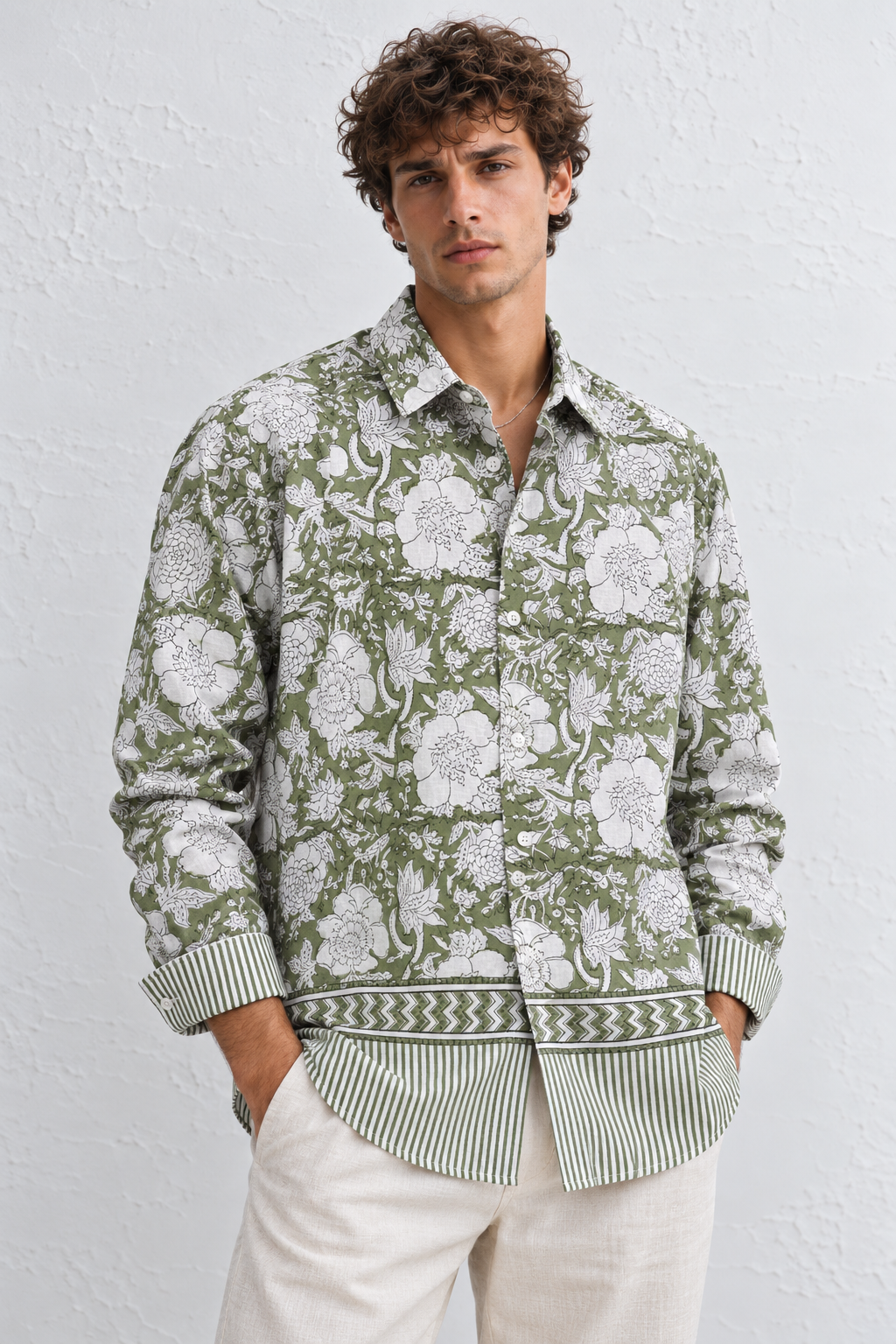 GREEN FLORAL HAND-BLOCKED SHIRT
