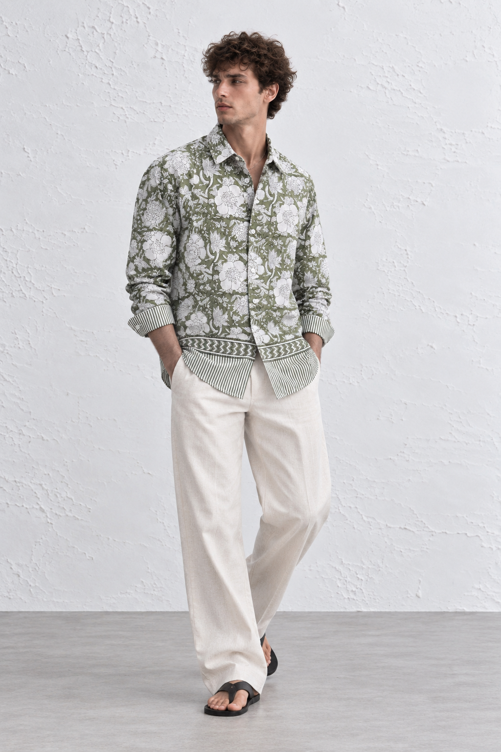 GREEN FLORAL HAND-BLOCKED SHIRT