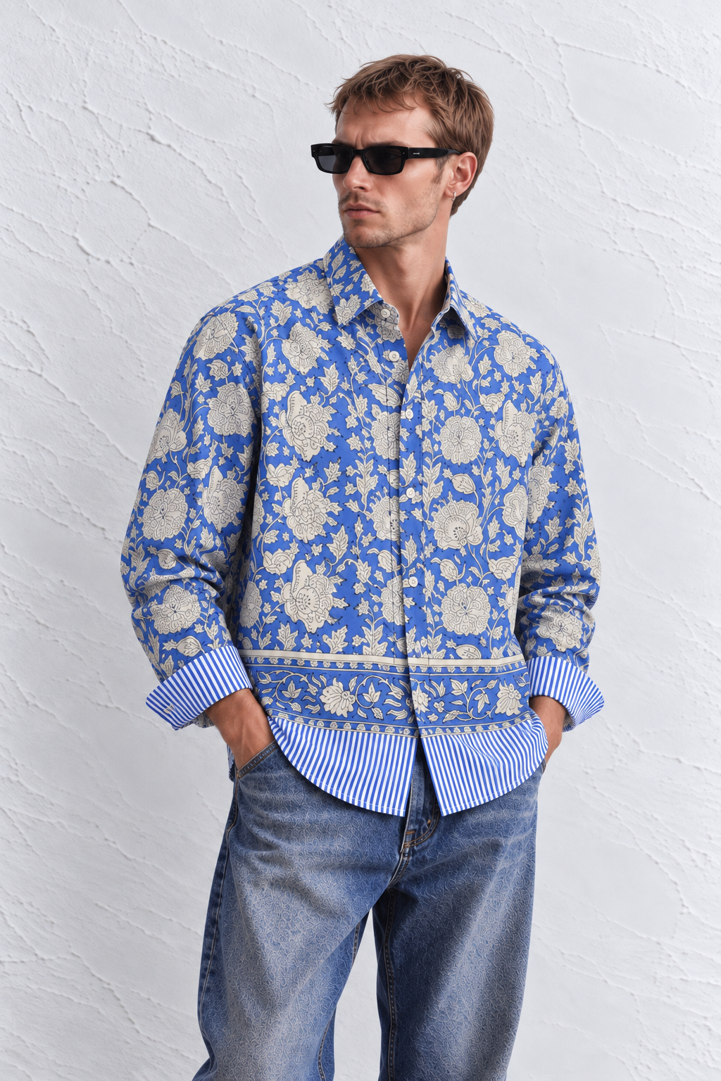ROYAL BLUE FLORAL HAND-BLOCKED SHIRT