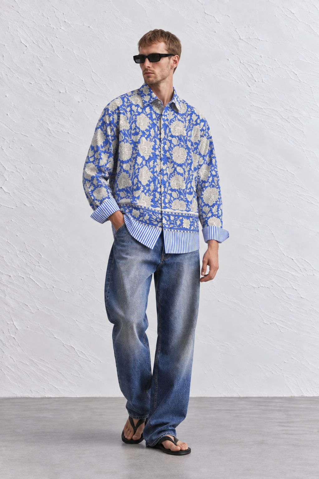 ROYAL BLUE FLORAL HAND-BLOCKED SHIRT
