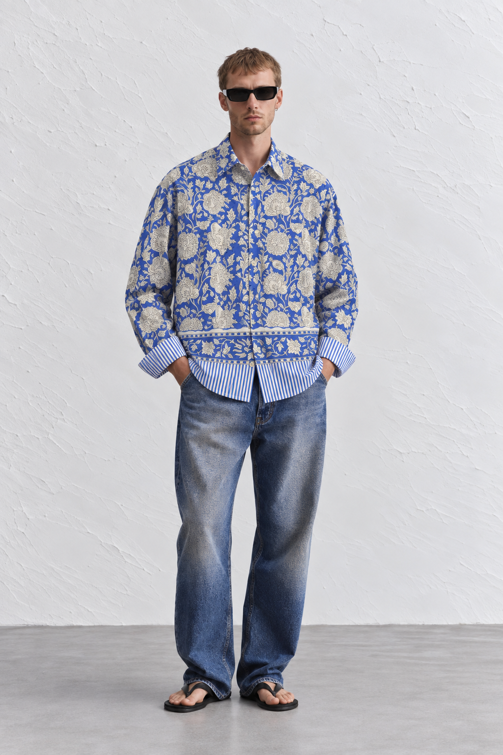 ROYAL BLUE FLORAL HAND-BLOCKED SHIRT