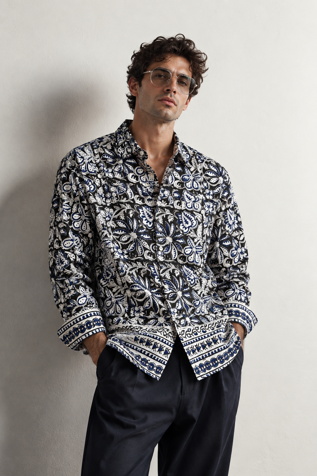 BLACK FLORAL HAND-BLOCKED SHIRT