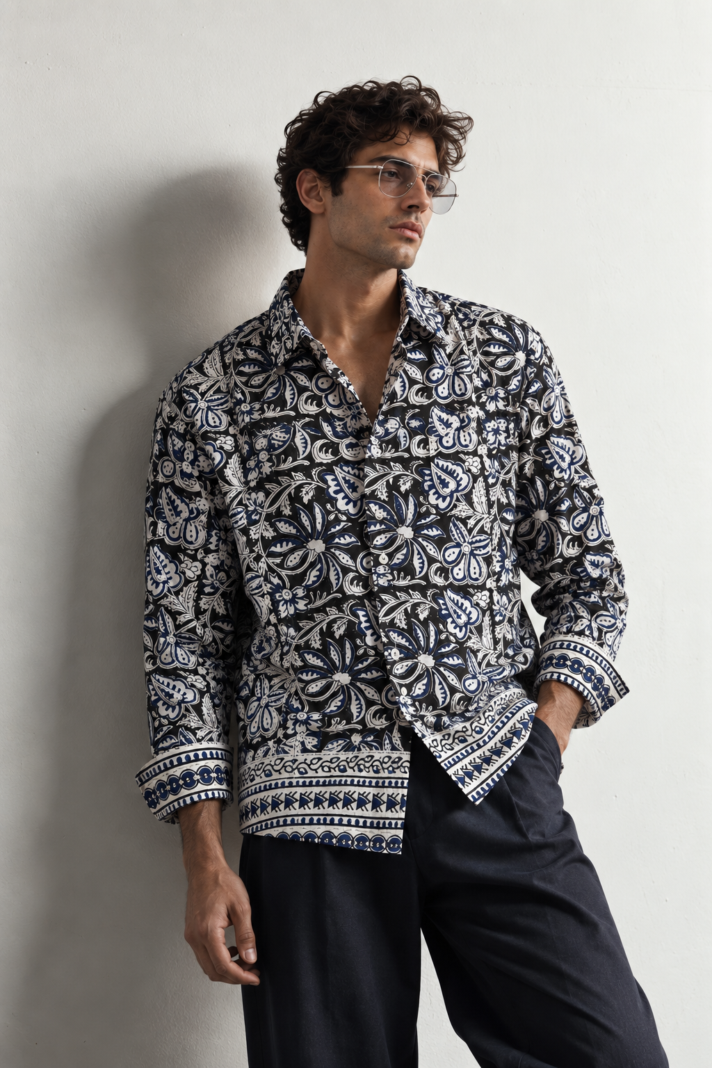BLACK FLORAL HAND-BLOCKED SHIRT