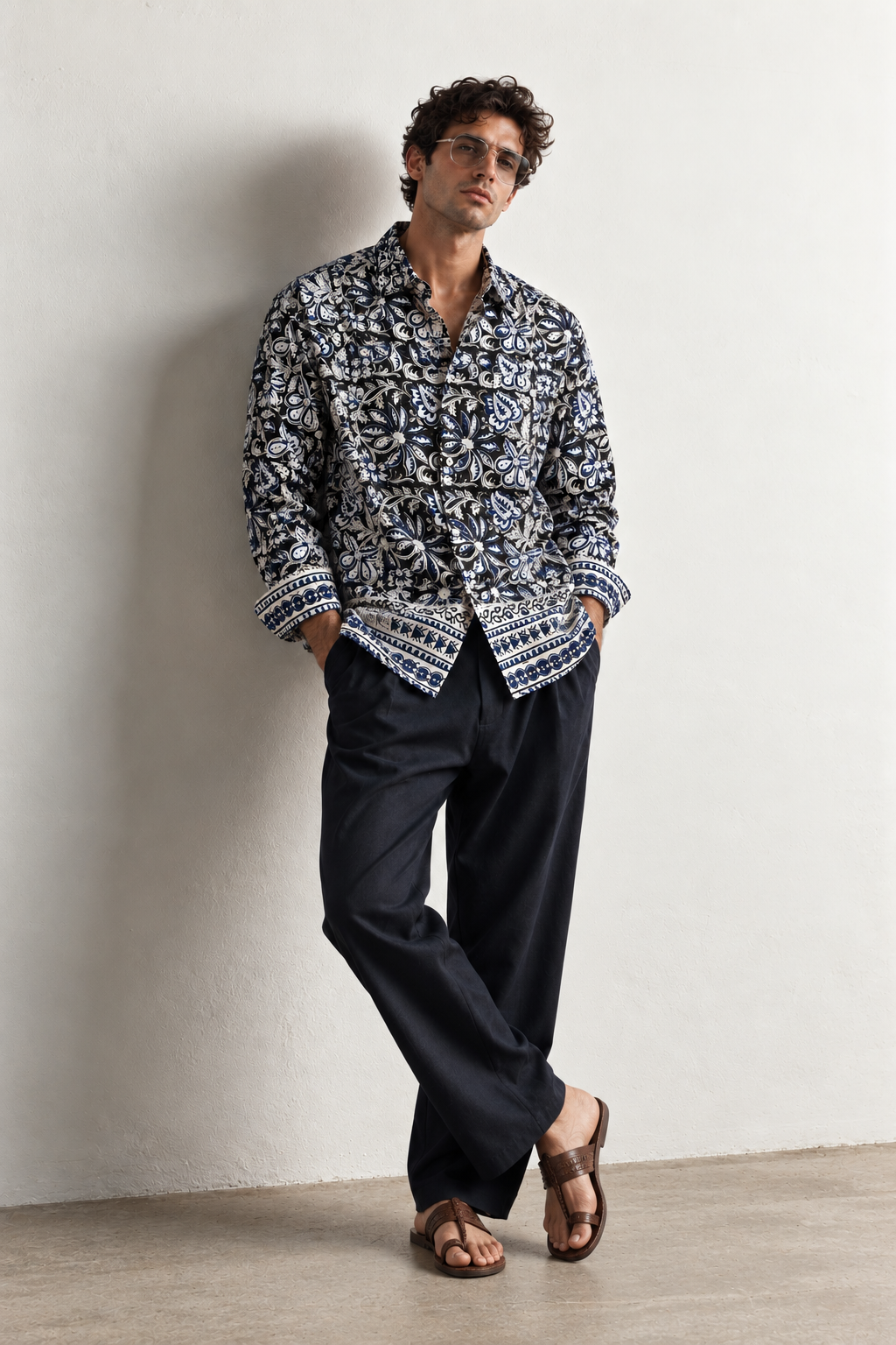 BLACK FLORAL HAND-BLOCKED SHIRT