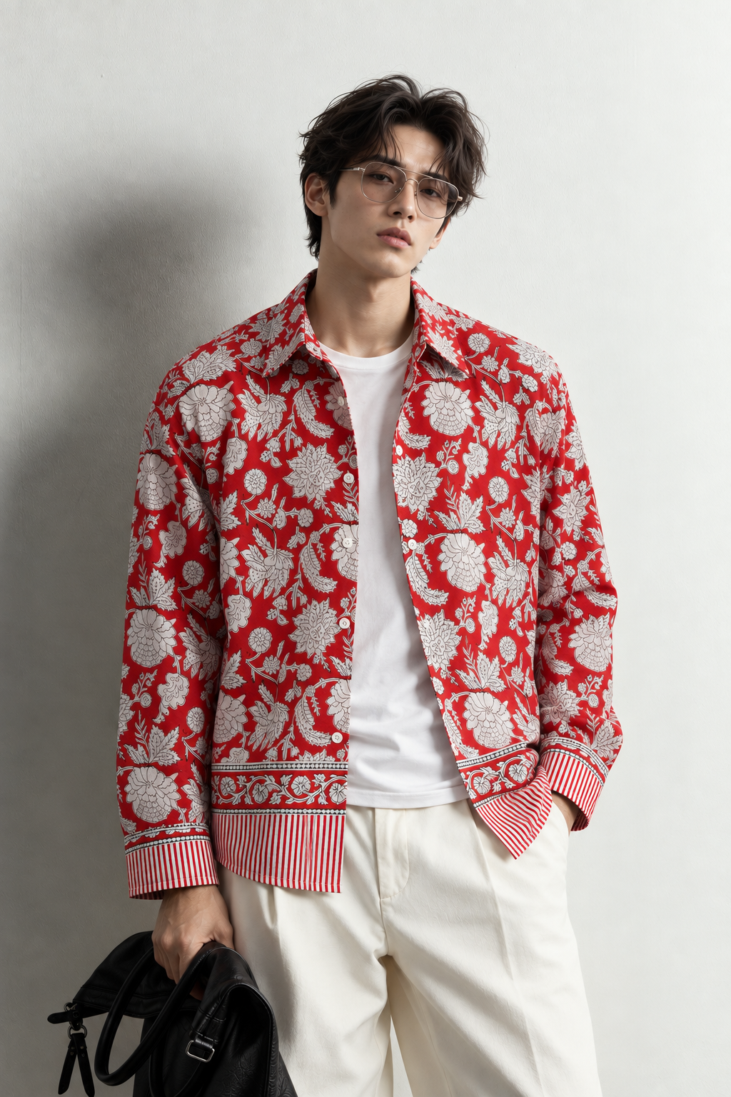 RED FLORAL HAND-BLOCKED SHIRT