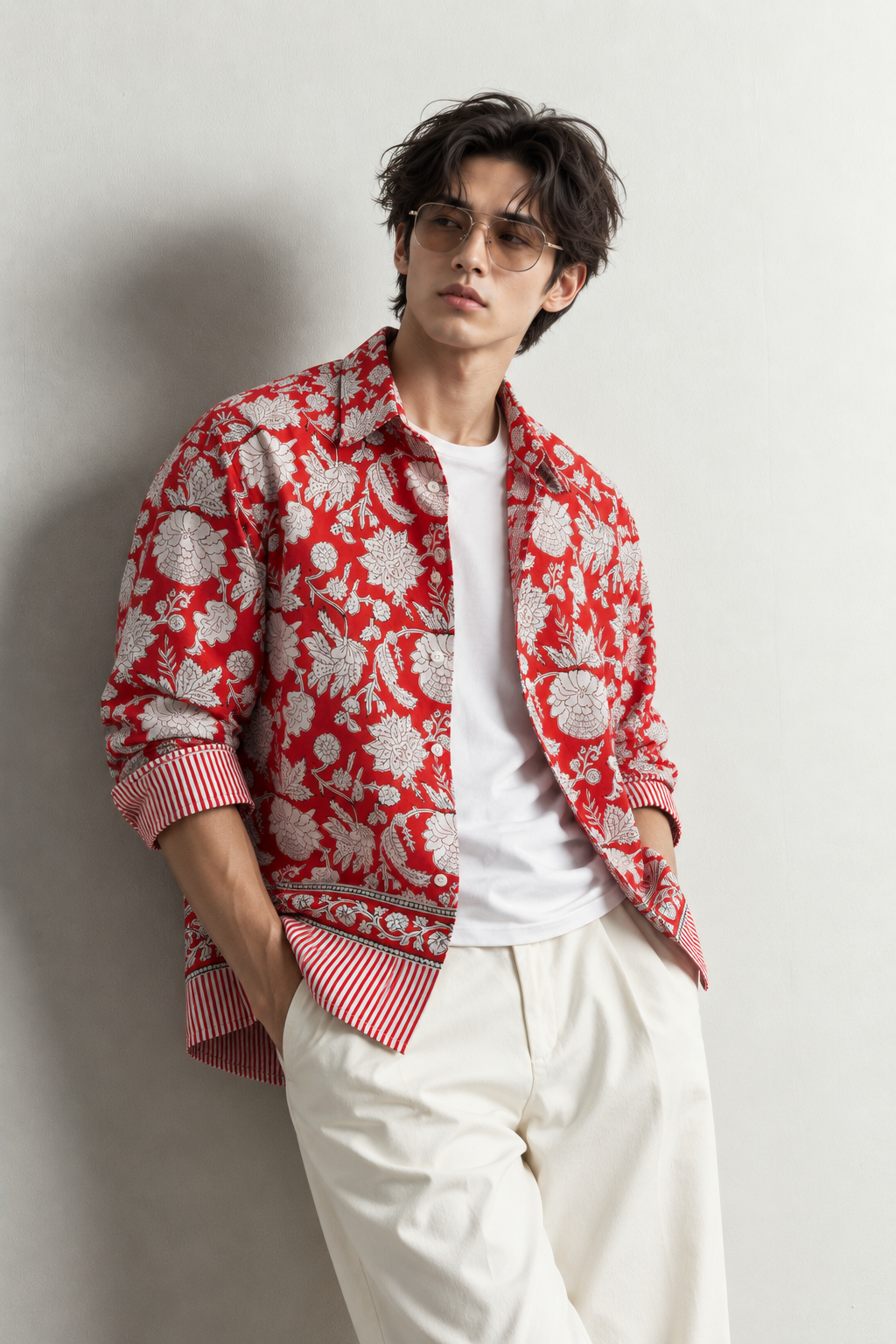 RED FLORAL HAND-BLOCKED SHIRT