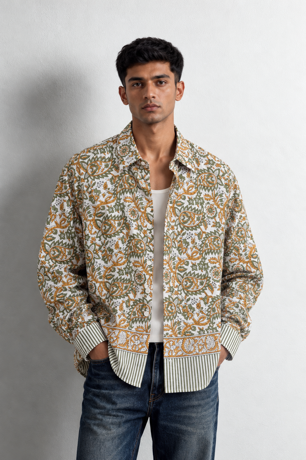 SAGE GREEN FLORAL HAND-BLOCKED SHIRT