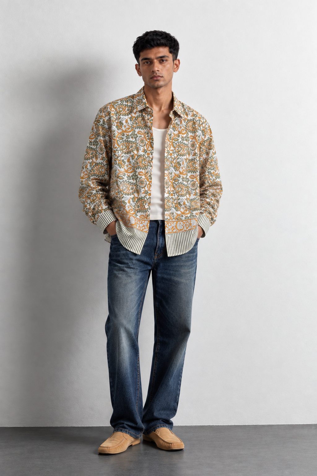 SAGE GREEN FLORAL HAND-BLOCKED SHIRT
