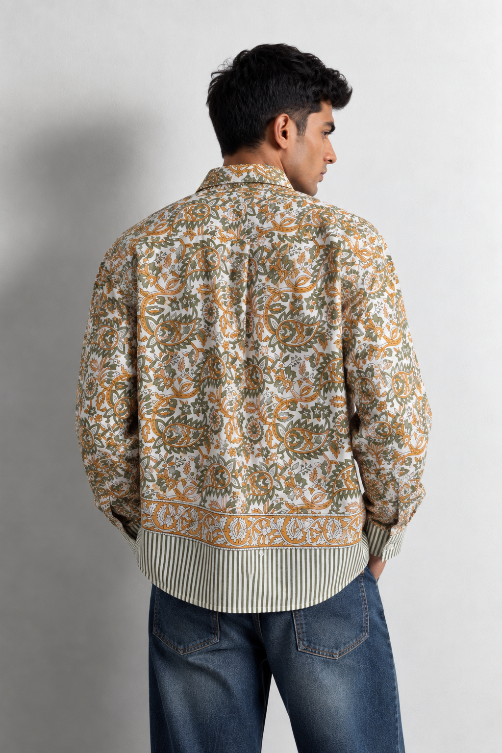 SAGE GREEN FLORAL HAND-BLOCKED SHIRT