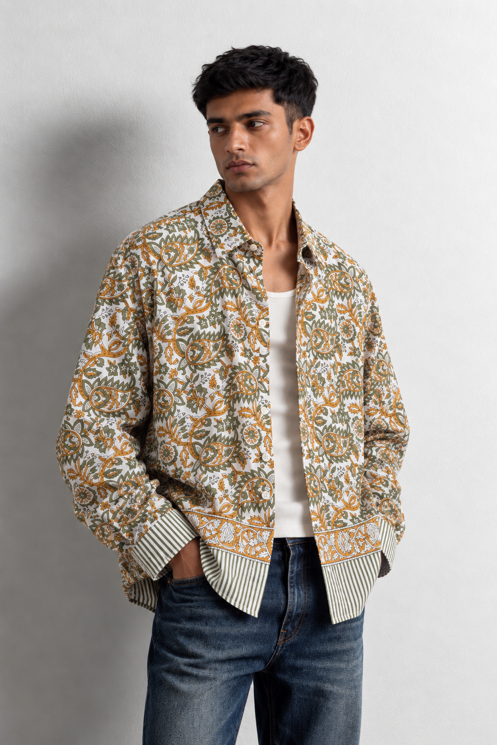SAGE GREEN FLORAL HAND-BLOCKED SHIRT