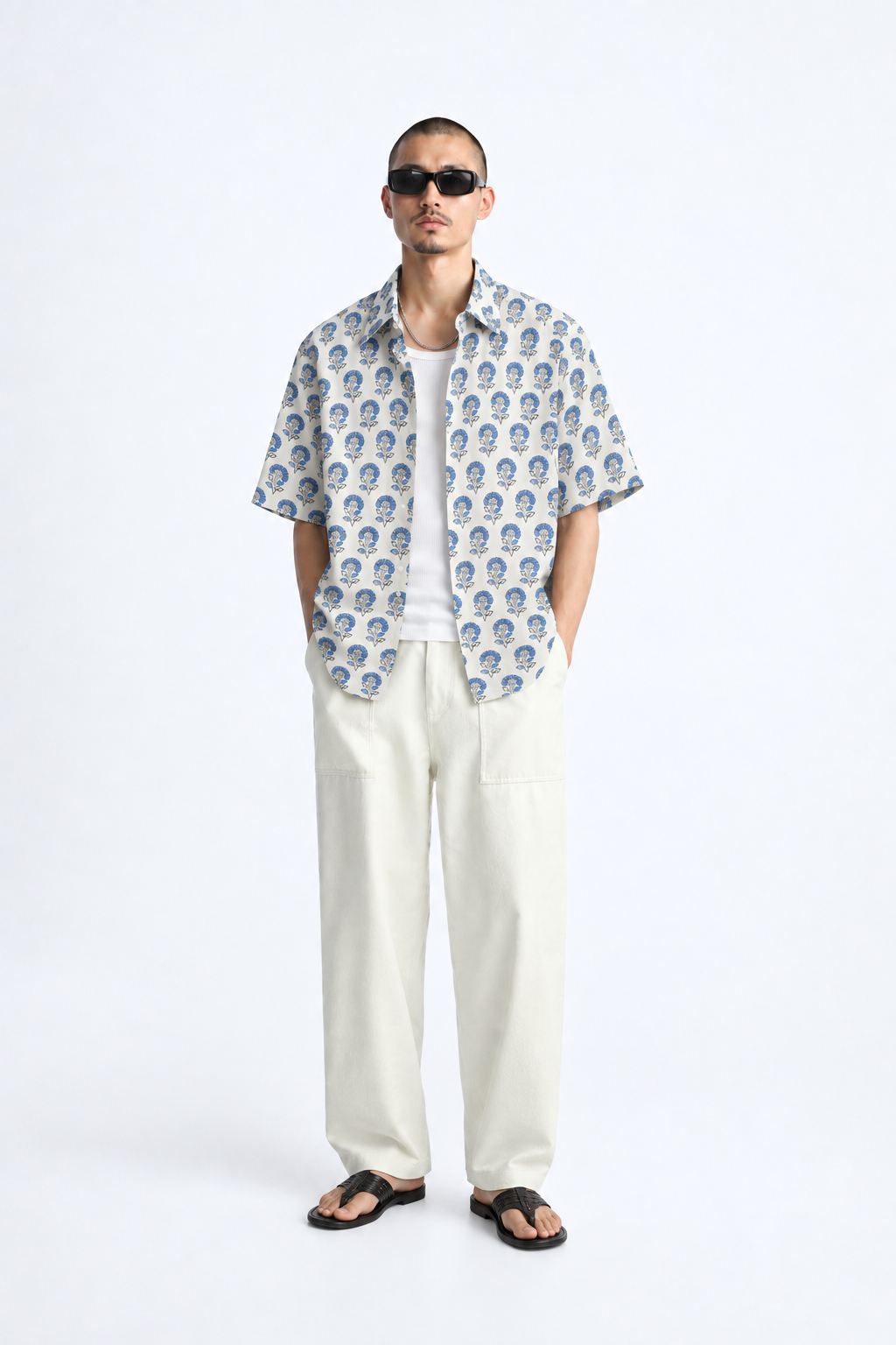 WHITE FLORAL HAND-BLOCKED SHIRT
