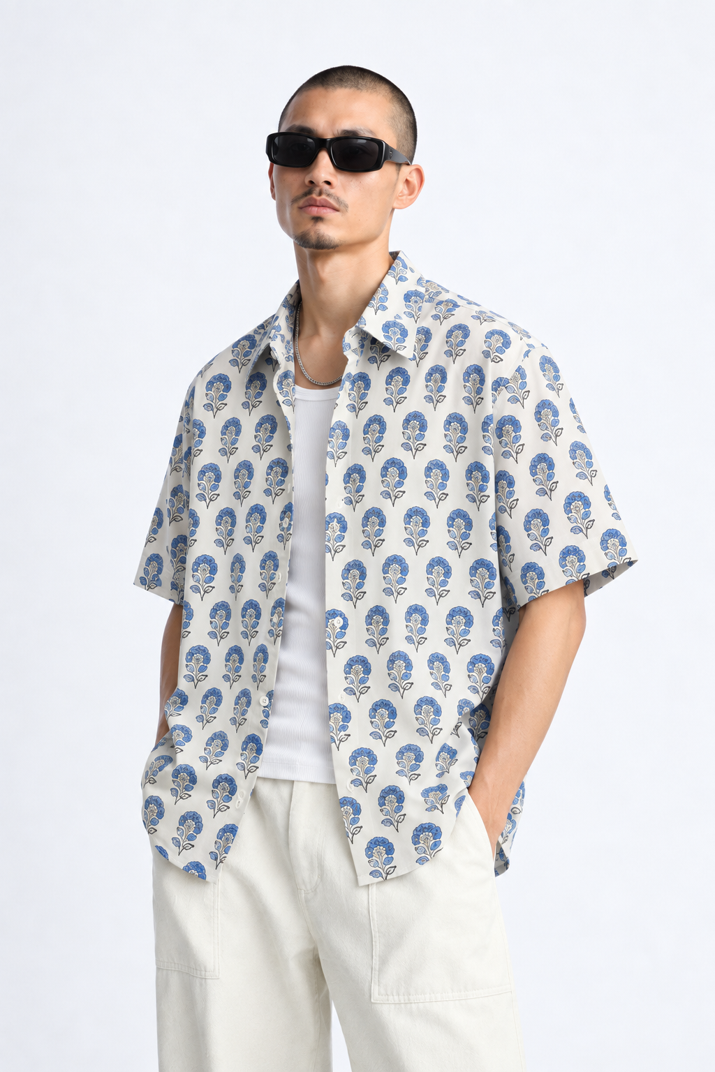 WHITE FLORAL HAND-BLOCKED SHIRT