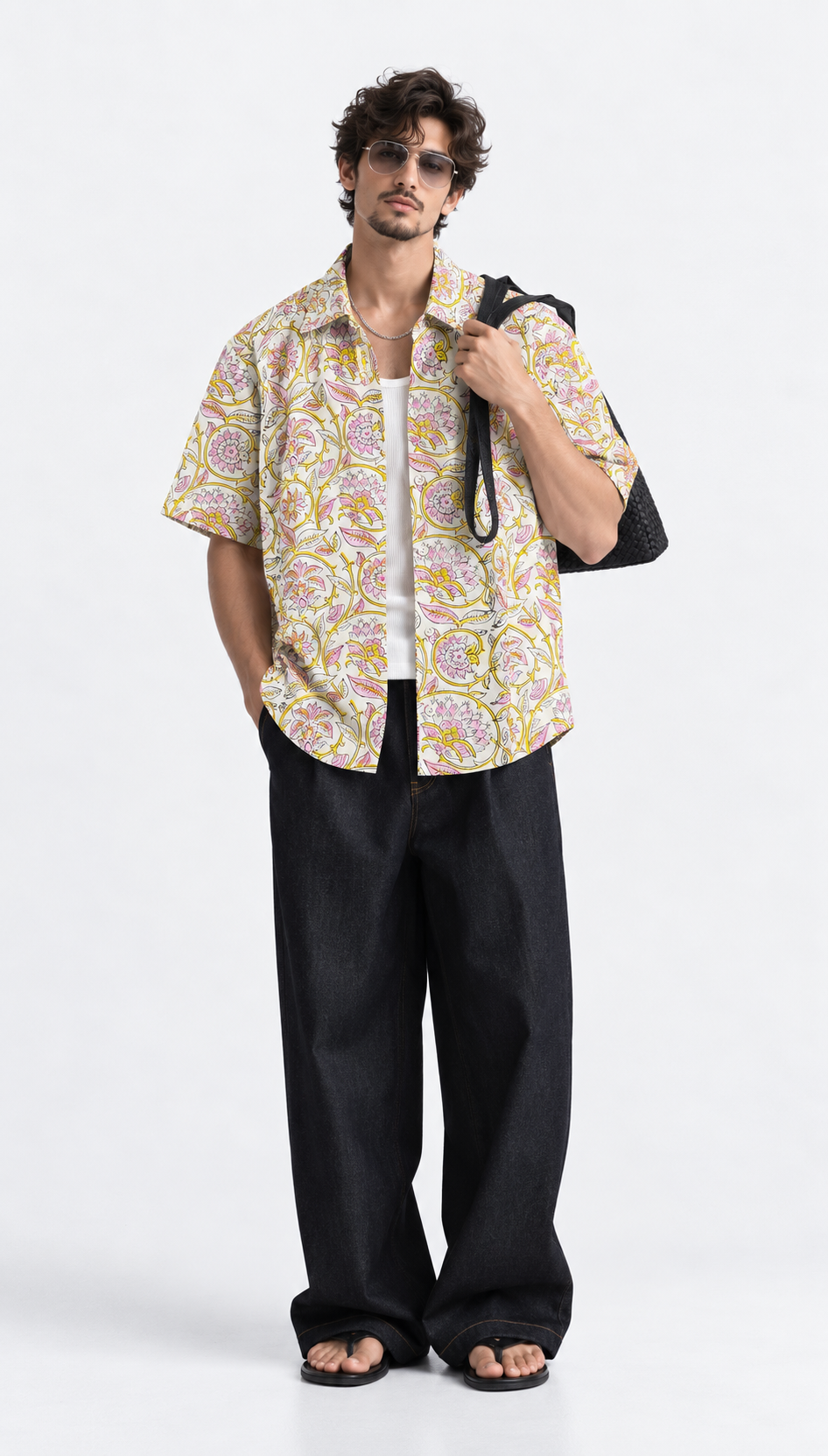 WHITE FLORAL HAND-BLOCKED SHIRT