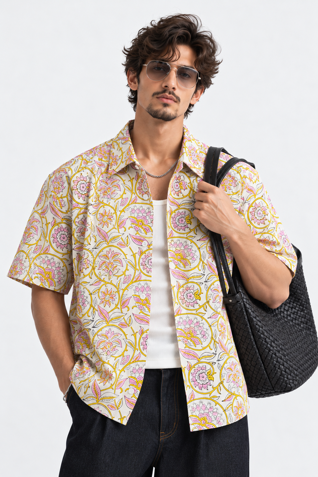 WHITE FLORAL HAND-BLOCKED SHIRT
