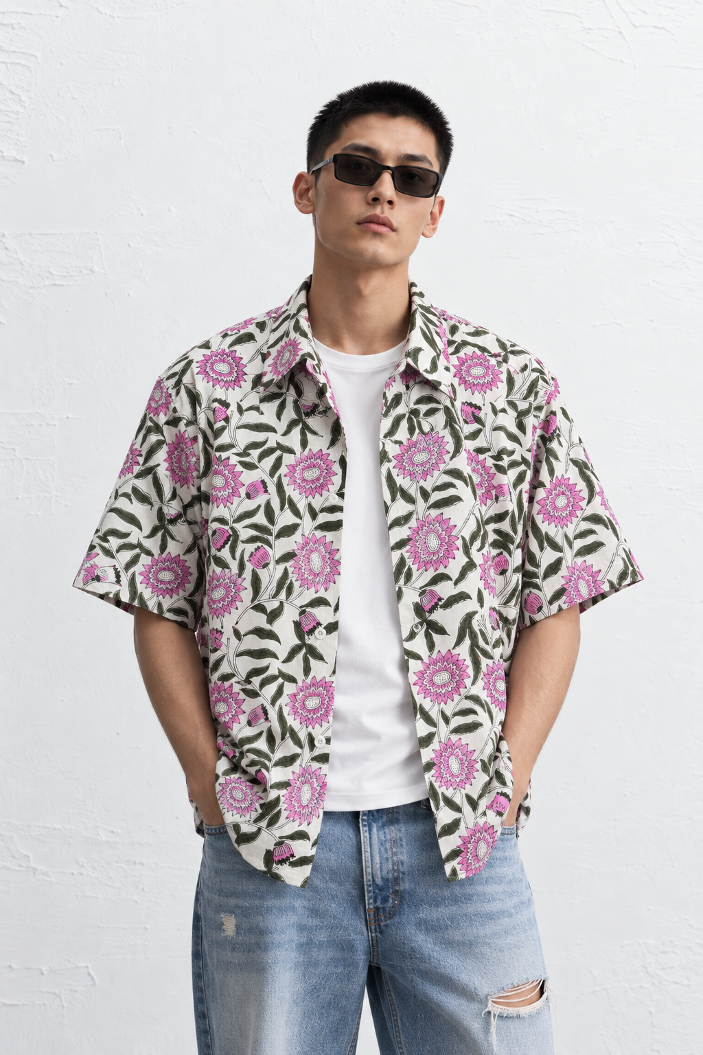 WHITE FLORAL HAND-BLOCKED SHIRT